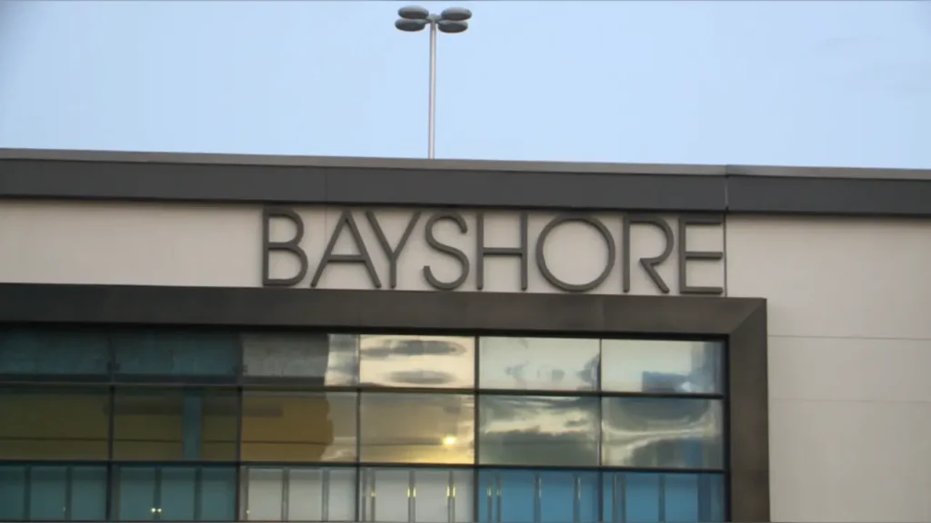 Colorful 'Bayshore Mall' sign graces the building's side