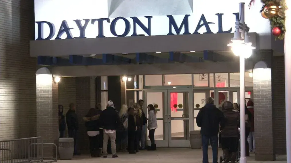 Aerial view of Dayton Mall, a bustling shopping center with various stores and restaurants.