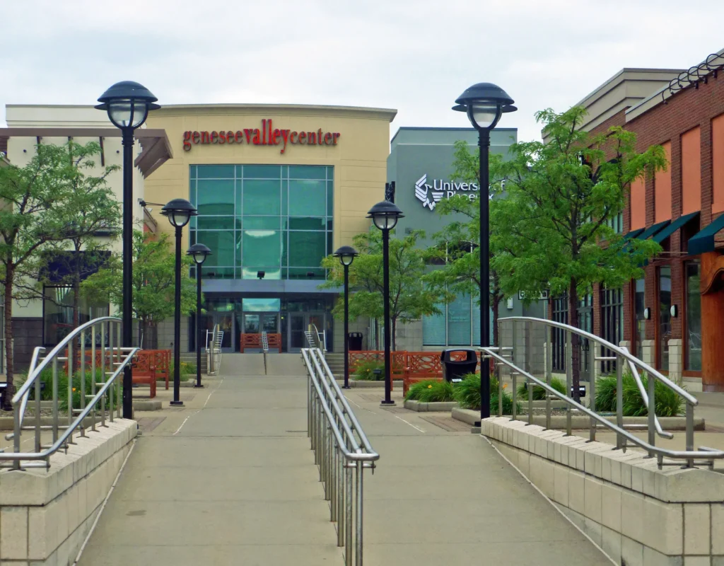 A walkway with metal railings at Genesee Valley Center.