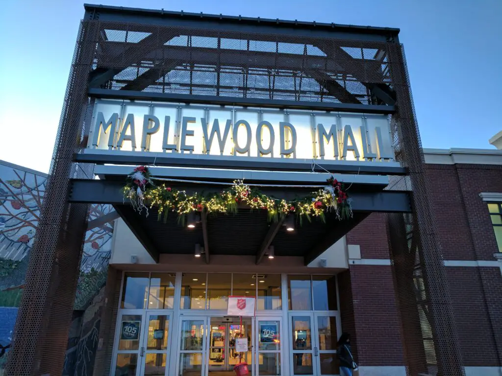 Maplewood Mall shines bright with Christmas lights, transforming the shopping center into a mesmerizing holiday destination, filled with joy and cheer.