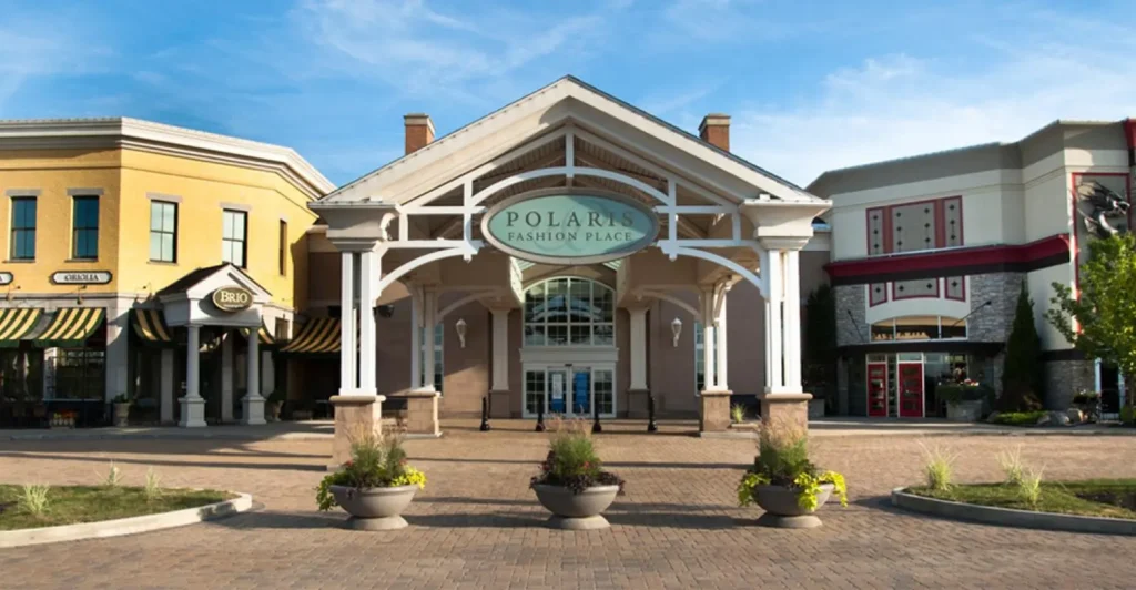 Front view of hotel entrance in shopping center