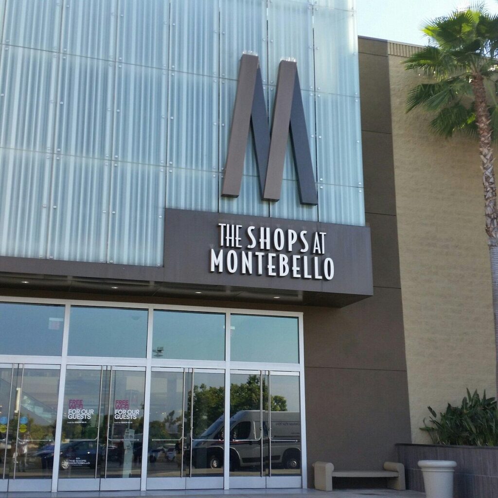 Entrance to The Shops at Montebello, a bustling shopping center with a variety of stores.