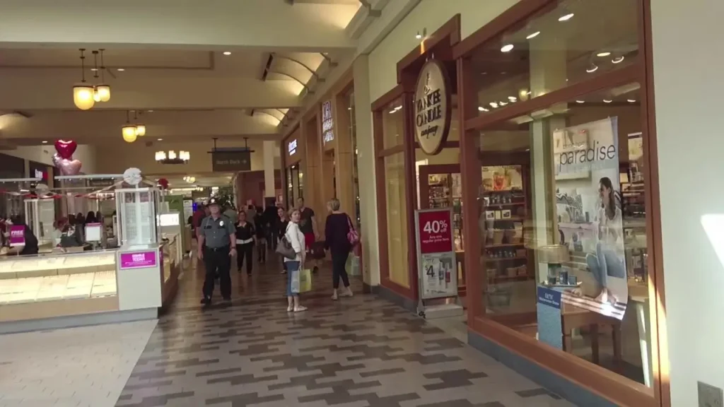 A bustling mall with people walking past various shops and stores.