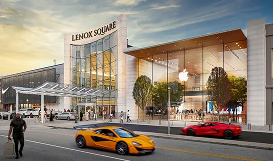 An artist's rendering of the new Apple Store in downtown Chicago, showcasing its modern design and sleek architecture.