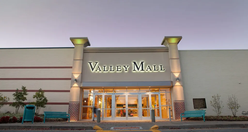 A bustling valley mall in New York City, filled with shoppers and adorned with vibrant storefronts.