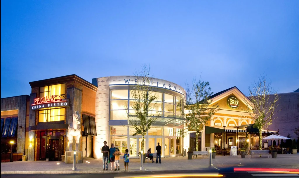 A diverse crowd strolls in front of a bustling shopping center, showcasing a vibrant atmosphere of urban life.