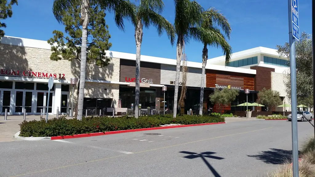 A shopping center with palm trees and a parking lot at The Shoppes at Carlsbad Mall.