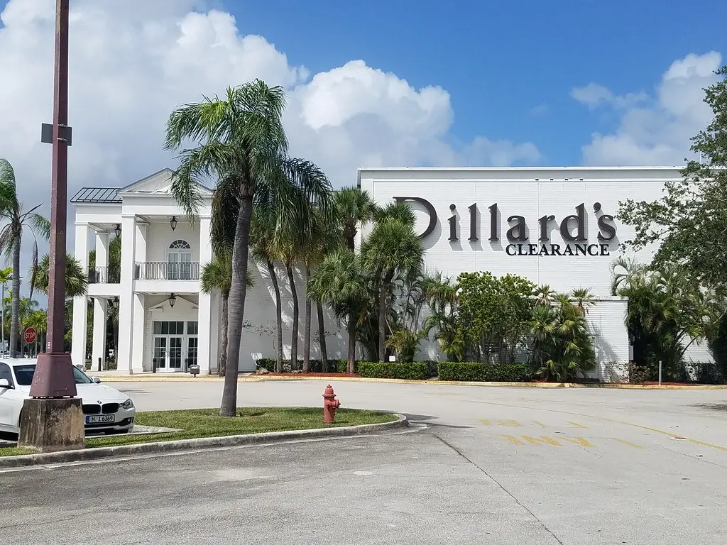 A bustling shopping center with a variety of stores, restaurants