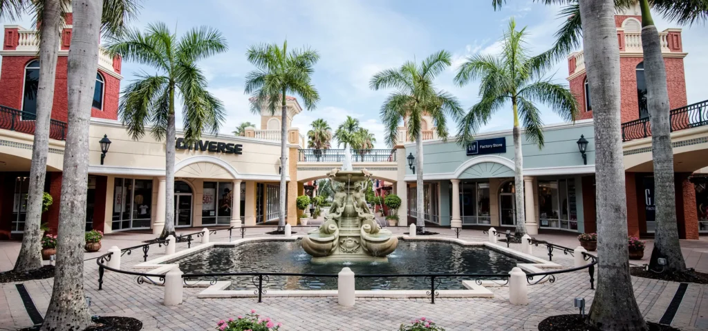 Aerial view of Miromar Outlets Mall with colorful storefronts