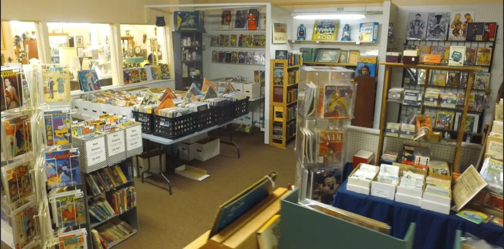 A bustling store filled with books and various items for sale