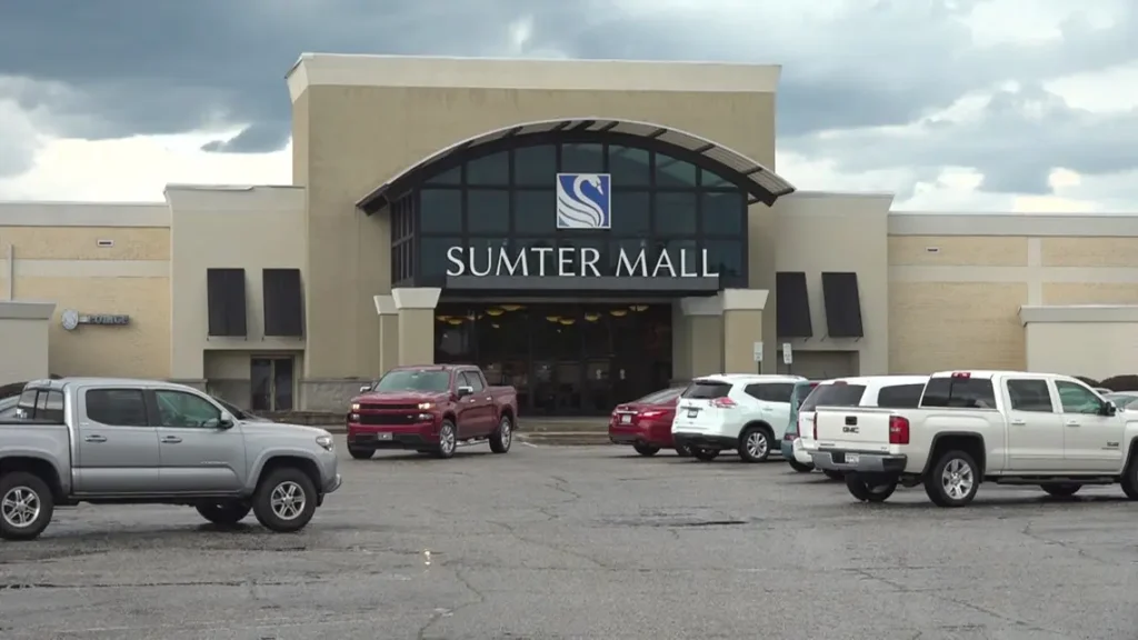 Aerial view of Sumter Mall with parking lot and surrounding buildings.