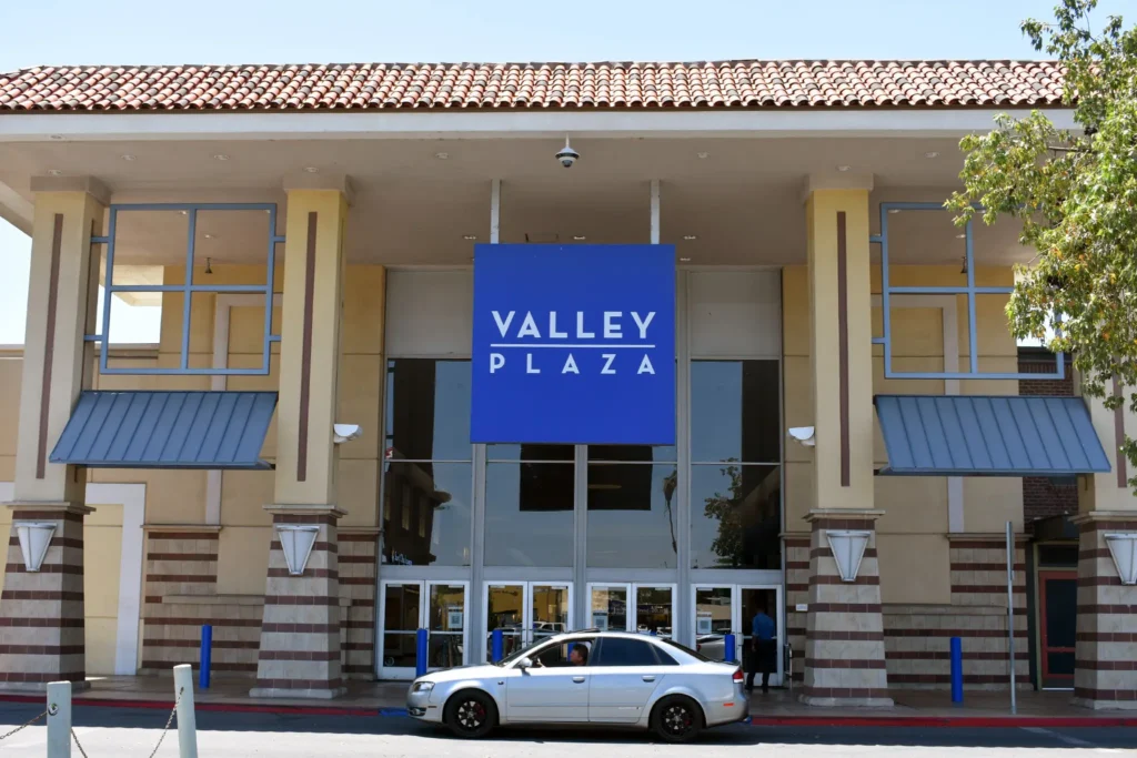 A large parking lot at Valley Plaza Mall with birds flying around.