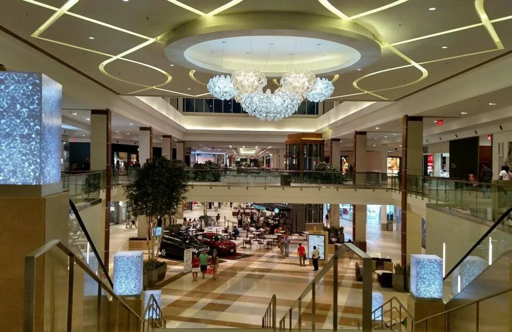 Springfield Mall, featuring a grand chandelier and elegant staircase.