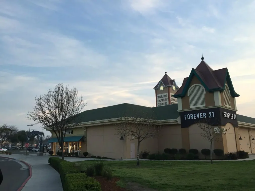 Aerial shot of Tulare Outlets Mall showcasing the layout of the shopping center.