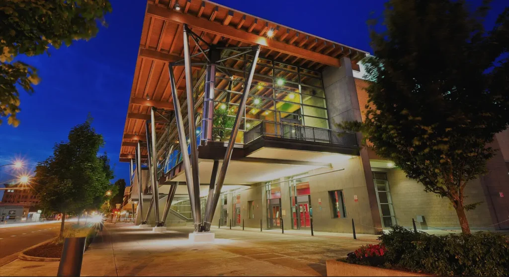 a building showcases a prominent glass front