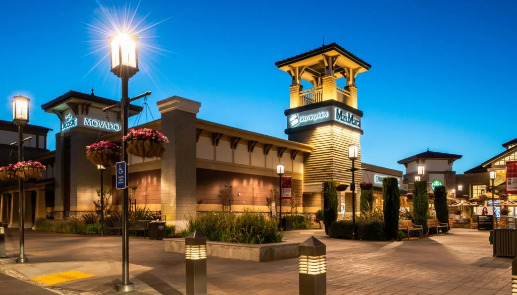 Night view of shopping center with clock tower