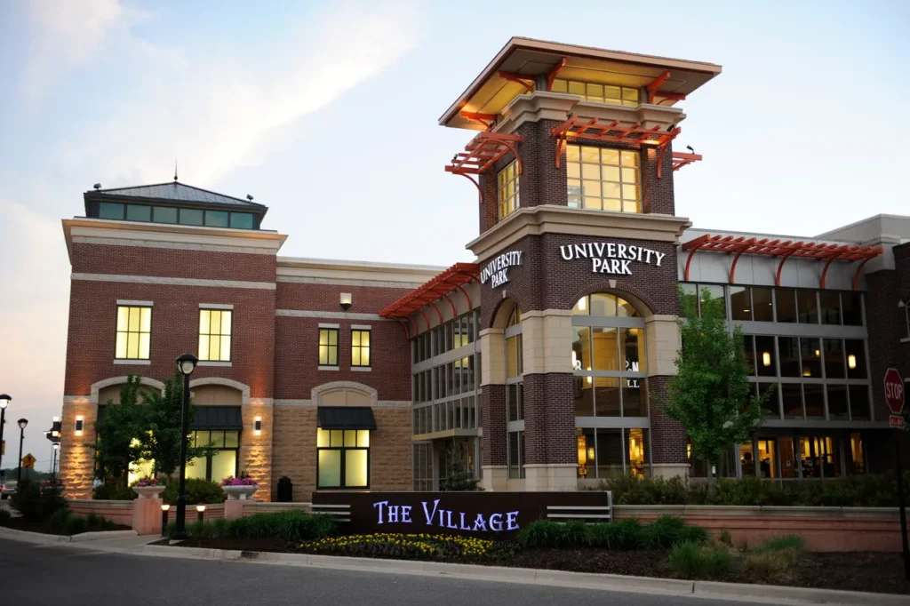 University Park Mall's iconic building featuring a clock tower.