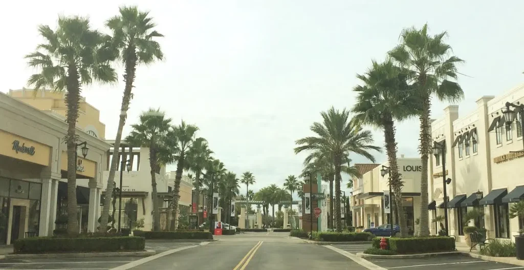 Palm tree-lined street with shops at St Johns Town Center Mall.