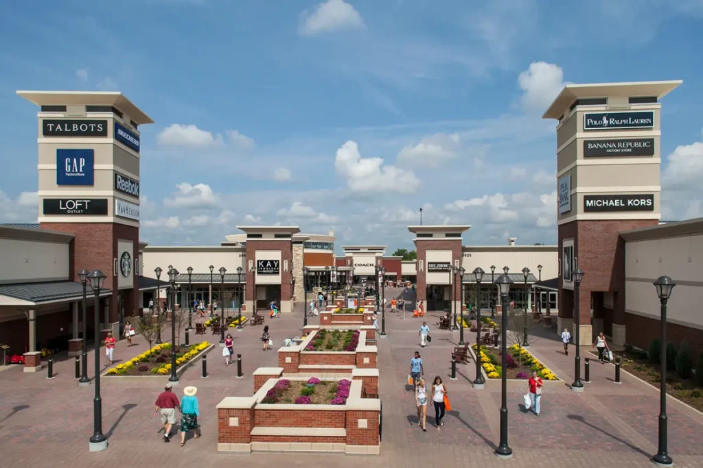 Exterior view of Twin Cities Premium Outlets Mall with various stores