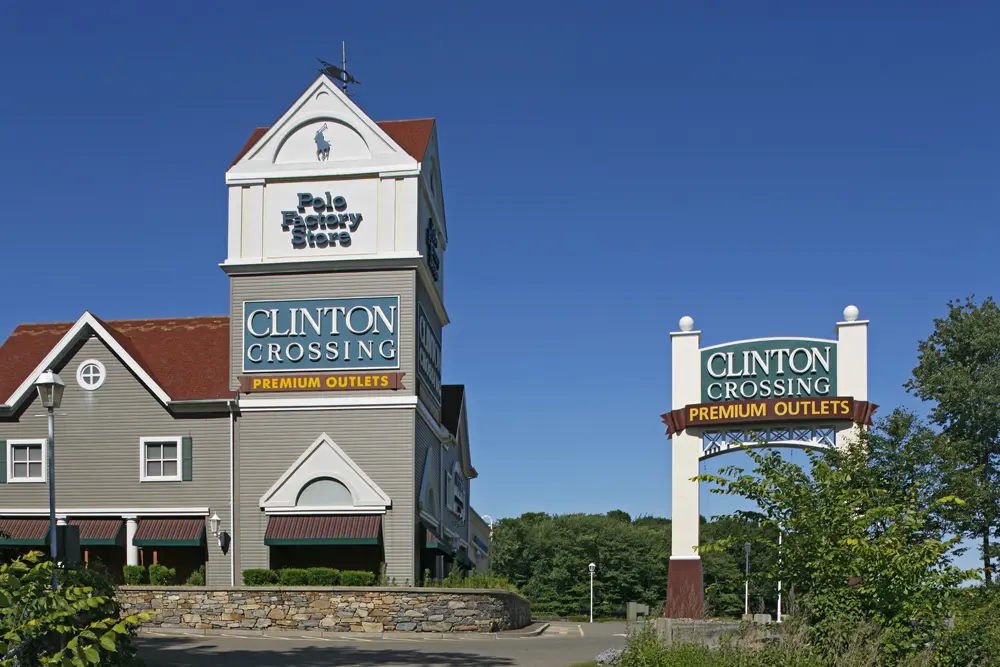 Iconic clock tower at Clinton Premium Outlets Mall.