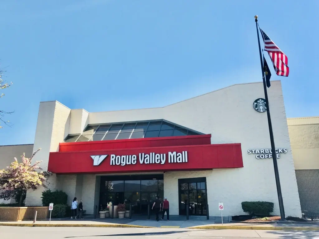 Aerial view of Rogue Valley Mall with various stores